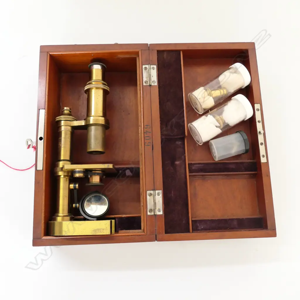 LATE 19thC ITALIAN BRASS MICROSCOPE by F. KORISTKA, MILAN, IN MAHOG BOX Image 1++